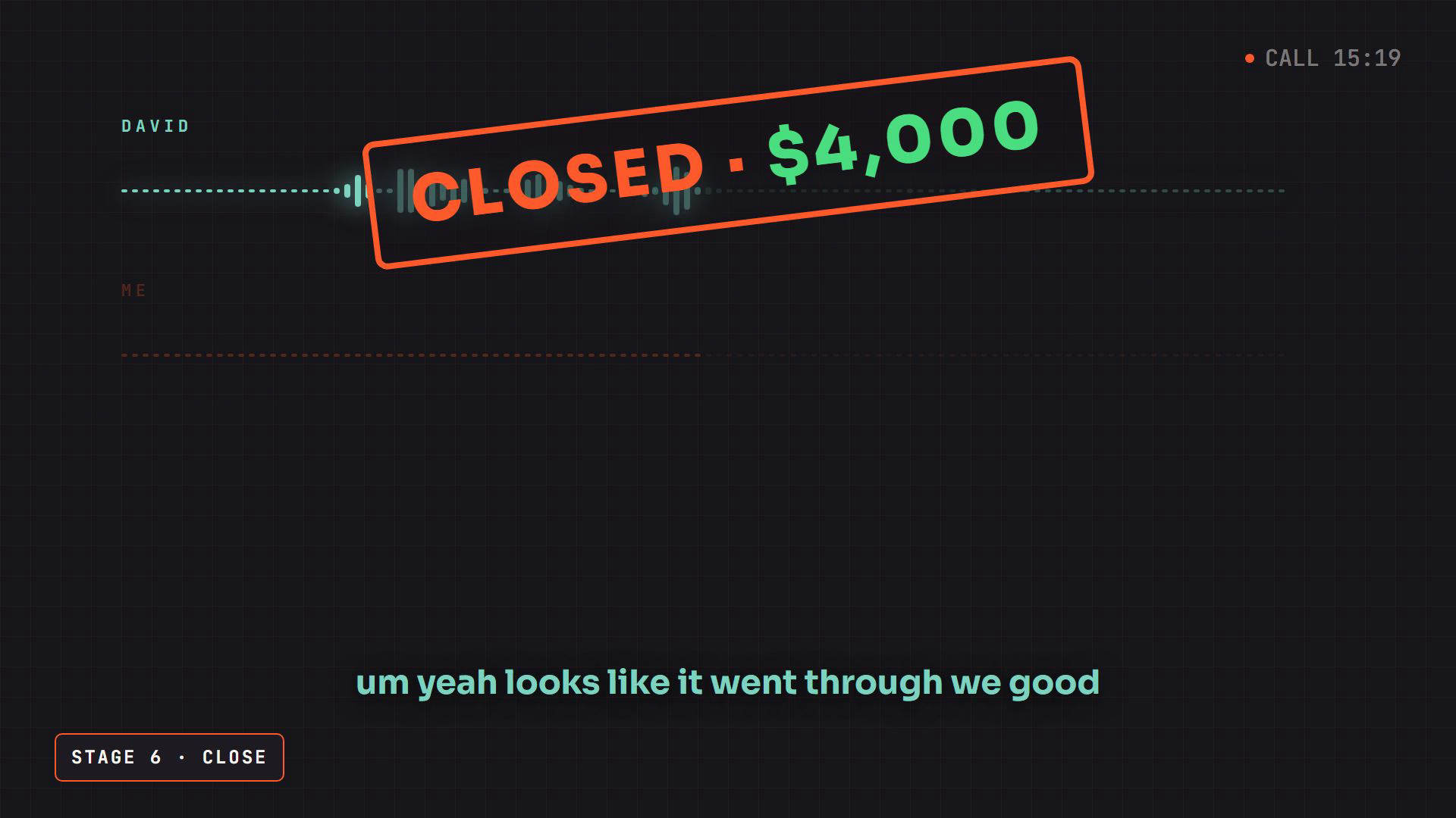 free AI sales role play call ending in a closed deal, with the deal stamp on screen as the buyer confirms