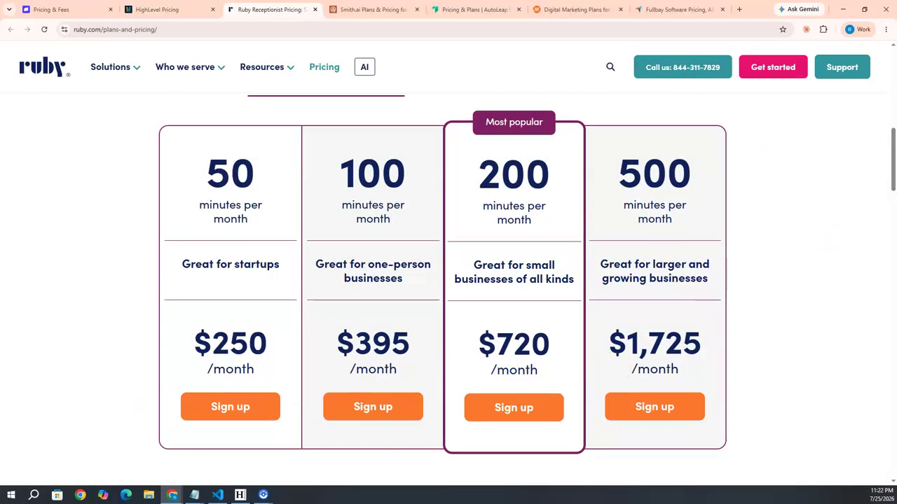 AI voice agent pricing versus human receptionist pricing on Ruby's plans page