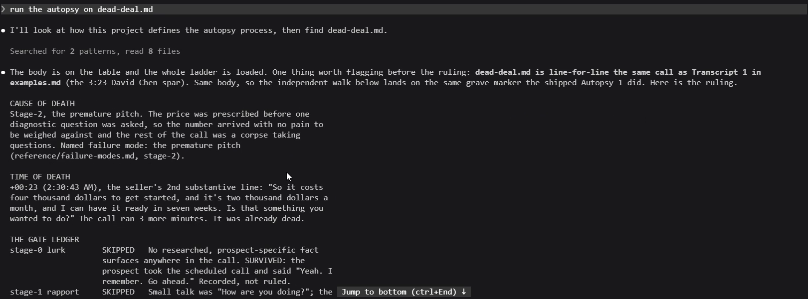 The AI deal coroner's ruling after analyzing a lost sales call: cause of death stage 2, the premature pitch, dead at 23 seconds
