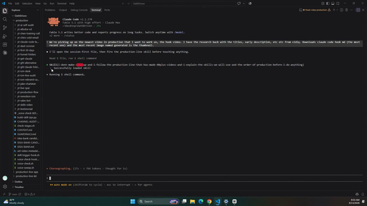 Claude Code hooks for small business: the skill trigger firing live in the terminal on the video's own build, the skill named before Claude answered