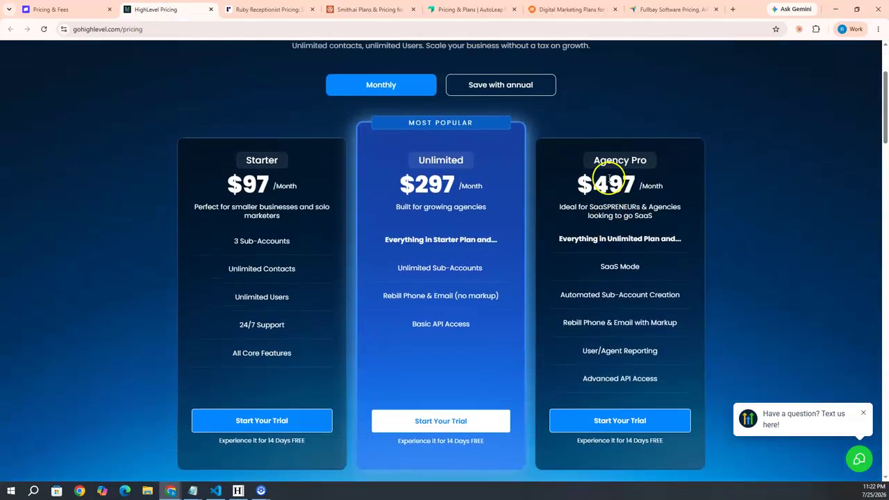 GoHighLevel pricing showing the true cost of the Starter, Unlimited and Agency Pro plans